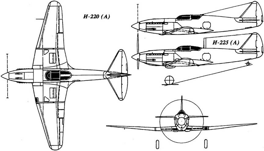 Общий вид «самолета А» – И-220 (МиГ-11) в том виде, в котором он был построен (для сравнения дана боковая проекция «самолета 5А» – И-225, о котором мы расскажем в завершающей части цикла)